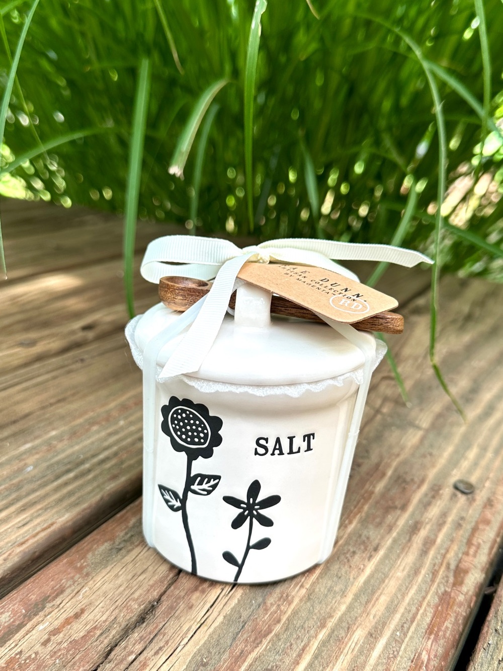 NWT Rae Dunn White Ceramic Salt Jar Canister with Lid & Mini Wooden Spoon